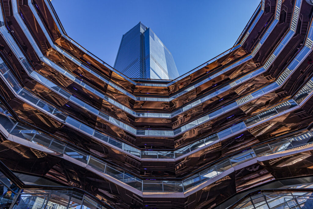 Décoration murale architecture moderne bâtiment incurvé bleu et cuivre urbanisme